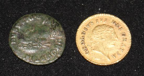 A George III 1806 one third guinea and an ancient Roman coin.